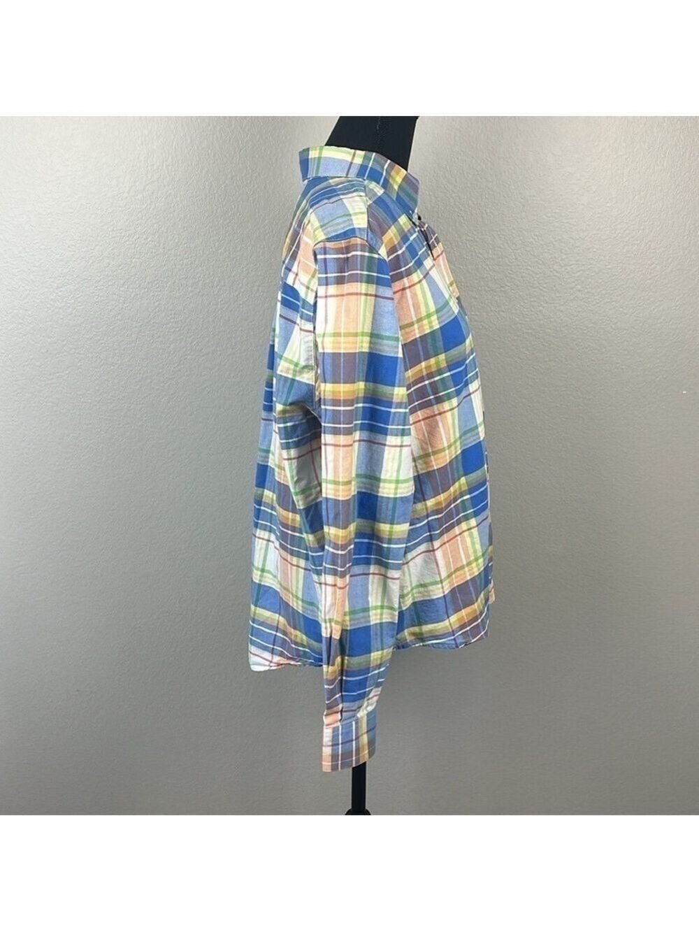 Rockies Cotton Shirt Button-Down Yellow/Blue Plaid Long Sleeve Rounded Hem Top - Picture 6 of 12